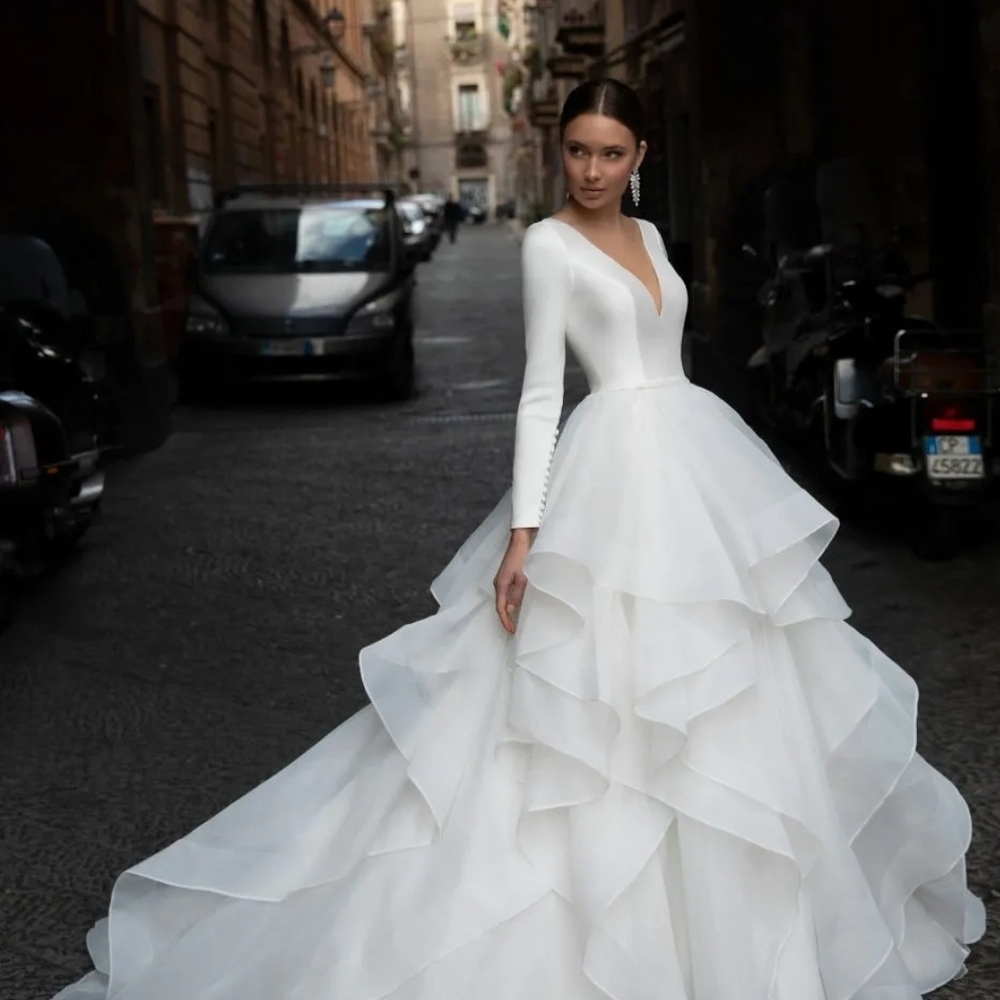 White Long-Sleeve Layered Dress. International Designer - European Production